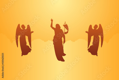Jesus Christ rises to the sky with two angels. Happy Ascension Day Vector Illustration