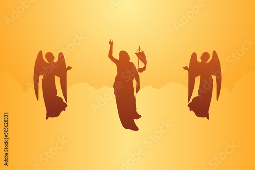 Jesus Christ rises to the sky with two angels. Happy Ascension Day Vector Illustration