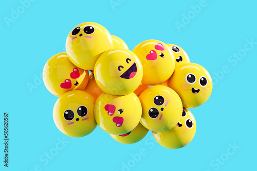 Cheerful, happy, kind, smiling, yellow emoticons. Emotions. 3d rendering