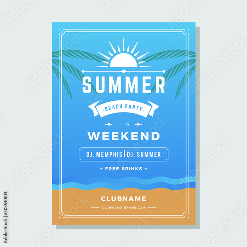 Summer beach party poster template with sea wave and sand decorative design vector illustration. Abstract clubbing flyer celebrating vacation tropical event nightlife music sound typography promo