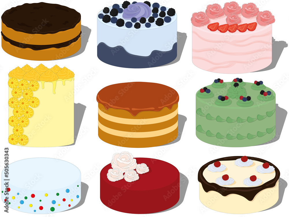 Sweet beautiful decorated cakes collection vector illustration Sweet beautiful decorated cakes collection vector illustration
