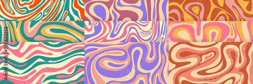 Psychedelic swirl groovy pattern set. Psychedelic retro wave wallpaper. Liquid groovy background. Vector design illustration