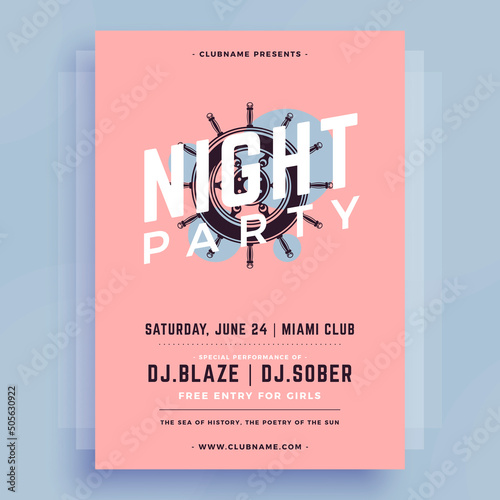 Night club summer party pastel vintage announcement poster with steering wheel template design vector illustration. Beach disco clubbing event tropical entertainment promo advertising mockup