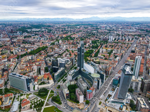 Aerial view of Milan Porta Nuova district, city skyline, business buildings and skyscrapers of Palazzo Regione Lombardia, Unicredit Tower, Bosco Verticale in Lombardy. photo