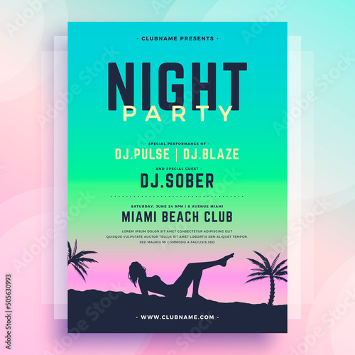 Sexy woman on beach silhouette neon decorative summer party poster design template vector illustration. Seductive lady sunbathing on seaside sand shore vibrant gradient disco entertainment placard