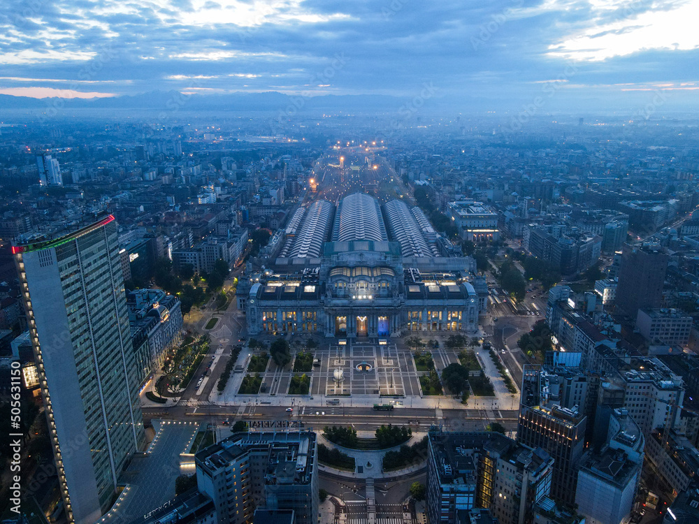 Obraz premium Milan, Italy - May 08, 2021: Aerial view of Milan Porta Nuova district, city skyline, business buildings and skyscrapers of Palazzo Regione Lombardia, Unicredit Tower, Bosco Verticale in Lombardy. 