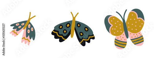 Collection of bright cute butterflies. Vector set