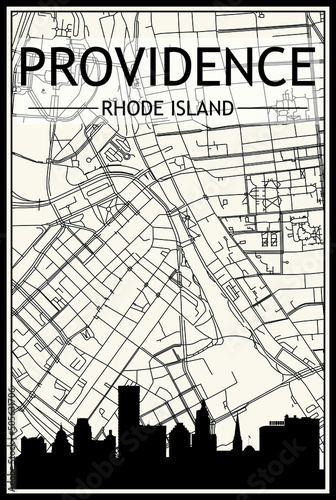Light printout city poster with panoramic skyline and streets network on vintage beige background of the downtown PROVIDENCE, RHODE ISLAND