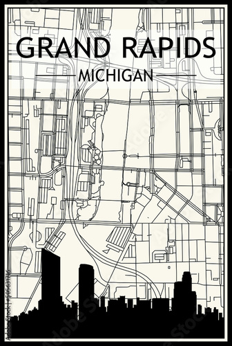 Light printout city poster with panoramic skyline and streets network on vintage beige background of the downtown GRAND RAPIDS, MICHIGAN