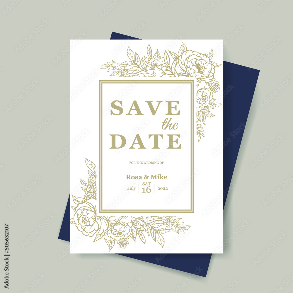 elegant wedding invitation template with flower hand drawn line art