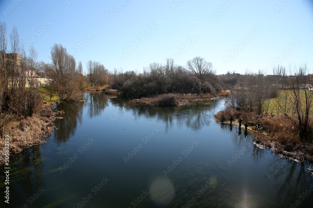 Scenic view of the Tormes River with reflection of plants and trees