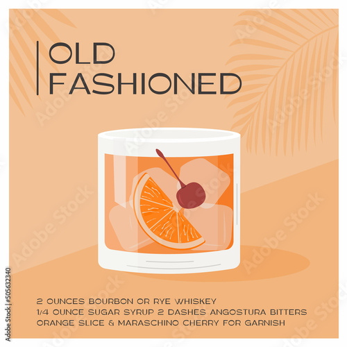 Old Fashioned Cocktail on the rocks garnish with orange slice and maraschino cherry. Whiskey Sour summer aperitif tropical poster. Minimalistic trendy card with alcoholic beverage. Vector illustration