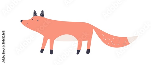 Cute baby fox in Scandinavian style. Happy funny forest animal. Amusing wild pup. Adorable lovely kids character. Scandi nordic childish flat vector illustration isolated on white background