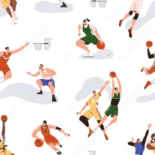 Basketball players pattern with athletes playing basket ball game. Seamless b...