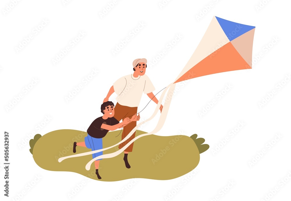 Father and son fly kite together. Happy dad and kid playing, spending time in nature. Family, man parent and boy child outdoor on summer holiday. Flat vector illustration isolated on white background - obrazy, fototapety, plakaty 