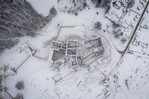 High angle view of Ruins of Ogrodzieniec Castle in Podzamcze village, Silesia region of Poland