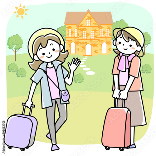 観光旅行をする二人の若い女性