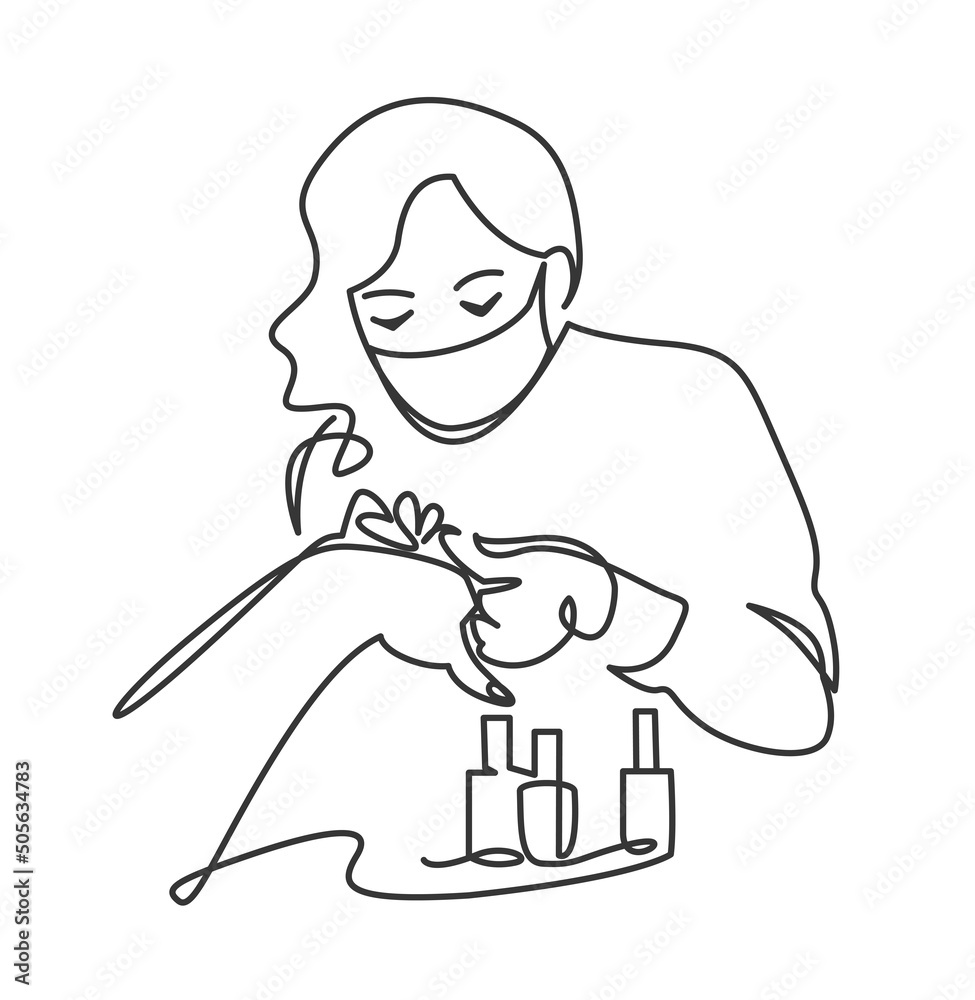 Female master at beauty salon working with client doing manicure minimalist continuous line vector