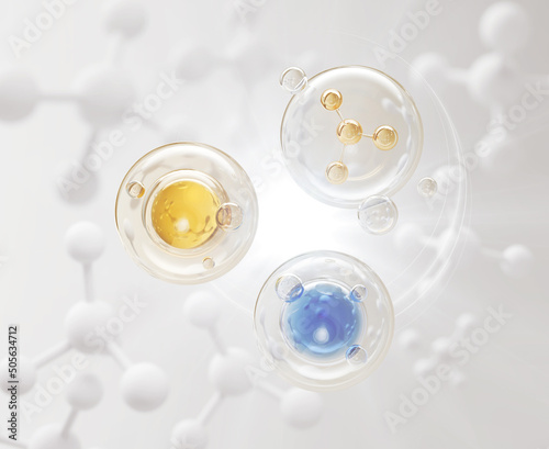 Collagen Serum bubble on Molecule Background  cosmetic oil liquid advertising 3d rendering.