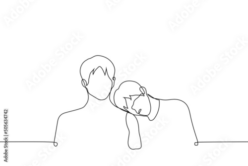 man lowered his head on the shoulder of a friend sitting next to him - one line drawing vector. concept of touch, skinship, family or love relationship, support