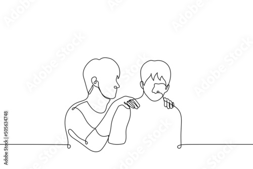 man put his hands on the shoulders of another, second man frowns - one line drawing vector. concept friend's touch, comfort and soothe