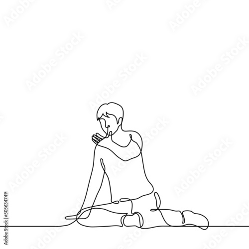 man sits on the floor and holds out his hand to someone - one line drawing vector. concept man fell and hurt his leg and asks for help from passers-by, non-walking wounded man, beg for alms