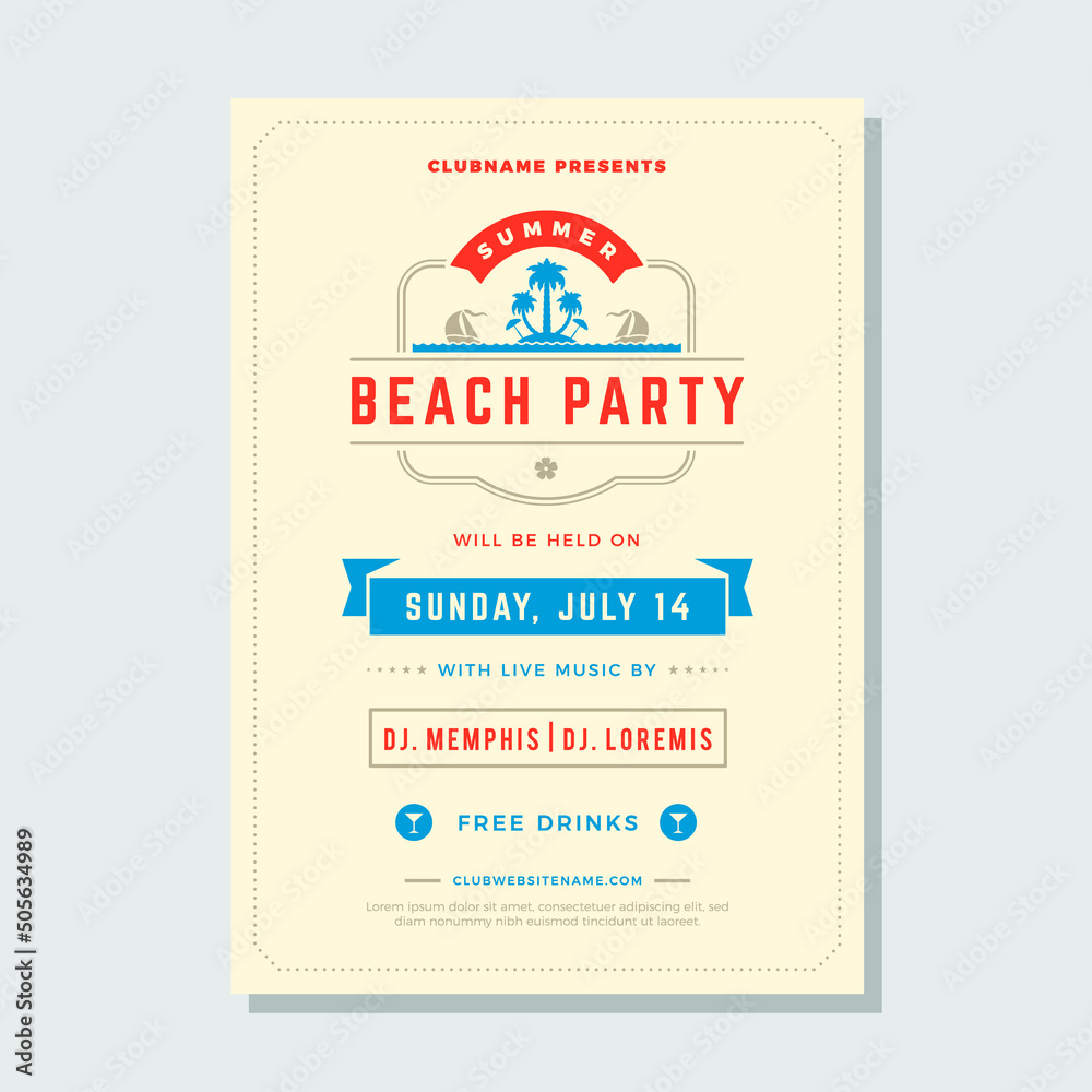 Retro summer party beach social weekend disco event minimalist poster template design vector illustration. Vintage discotheque placard palm trees island sail in shield with ribbon promo layout Retro summer party beach social weekend disco event minimalist poster template design vector illustration. Vintage discotheque placard palm trees island sail in shield with ribbon promo layout