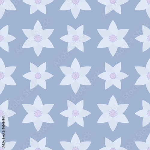 Narcissus. Delicate blue flower with a curly purple core. Seamless vector pattern. Isolated purple background. Flat style. Endless summer ornament. Delicate floral background. Idea for web design