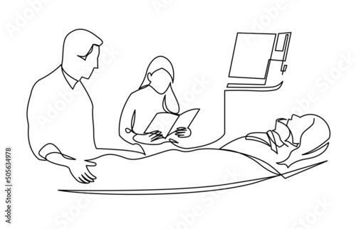 Family taking care to illness mother reading book at clinic resuscitation continuous line vector