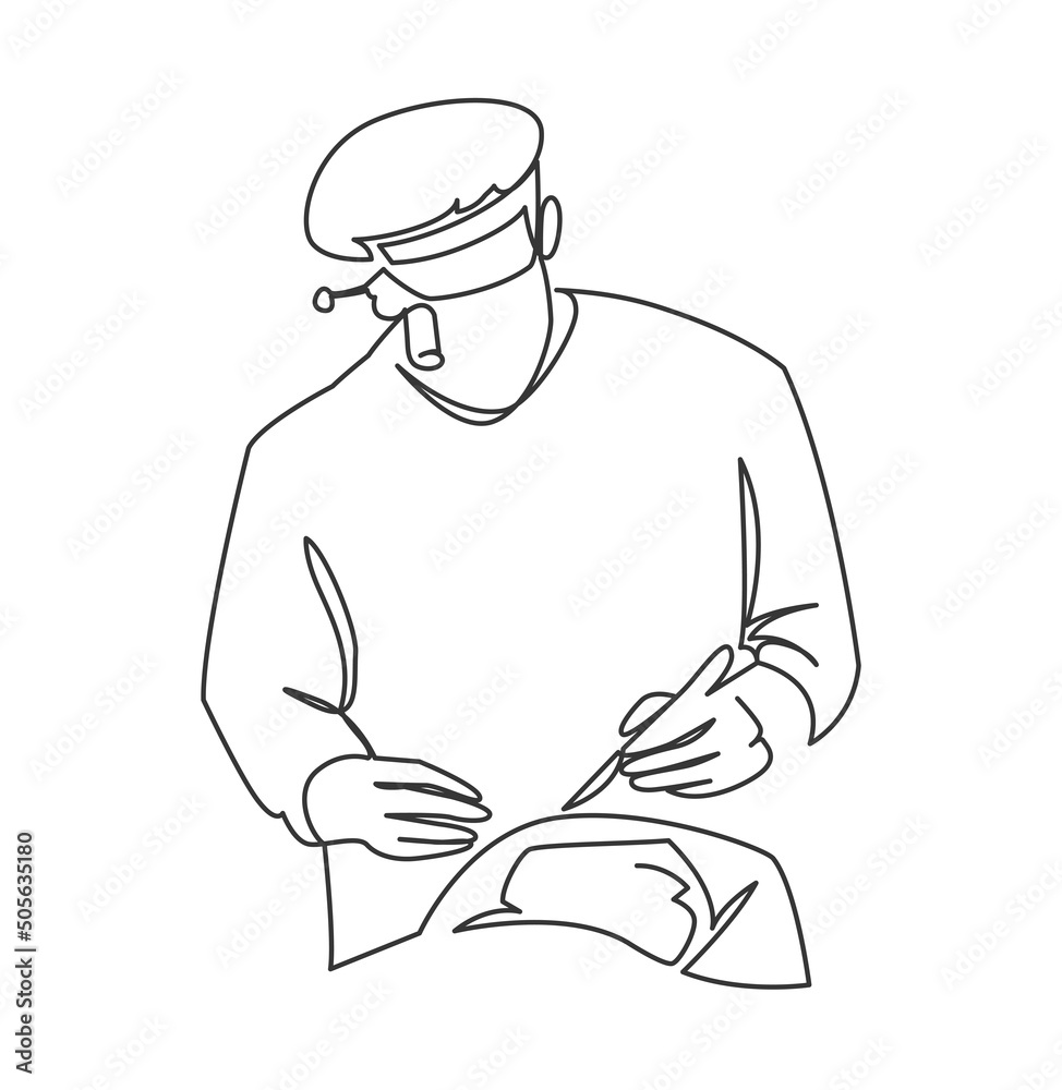 Male surgeon medical uniform doing operation single continuous line minimalist vector illustration