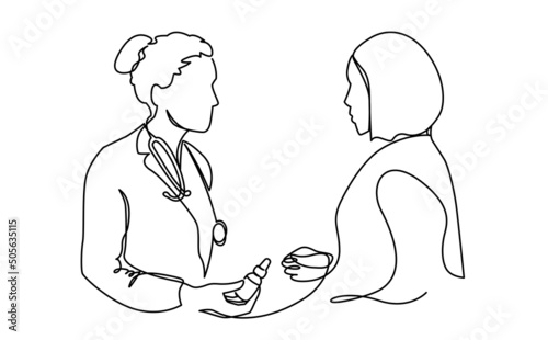 Minimalist female medical worker giving cure treatment to woman patient continuous line vector