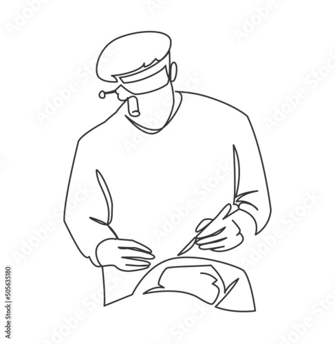 Male surgeon medical uniform doing operation single continuous line minimalist vector illustration