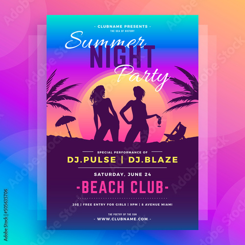 Night club discotheque summer beach party poster template neon design realistic vector illustration. Tropical holiday social event announcement woman shadow silhouette at exotic sunset sunrise