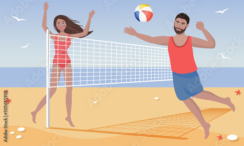 Summer outdoor activities. Beach volleyball with net. Peoples playing with ball on the beach.