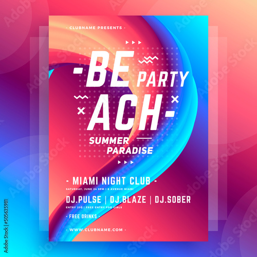 Abstract multicolored neon wave gradient flow realistic summer party poster template design vector illustration. Futuristic dynamic geometric particles movement twisted shape clubbing placard mockup