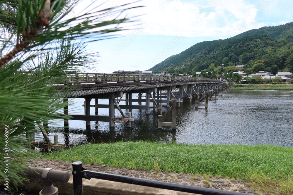 A tourist spot in Kyoto in Japan 日本の京都の観光地 Togetsu-kyo Bridge and Katsura-gawa flowing through Arashiyama 嵐山にある渡月橋と桂川