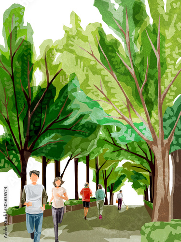 新緑の並木道を歩く人々の手描き水彩風イラスト