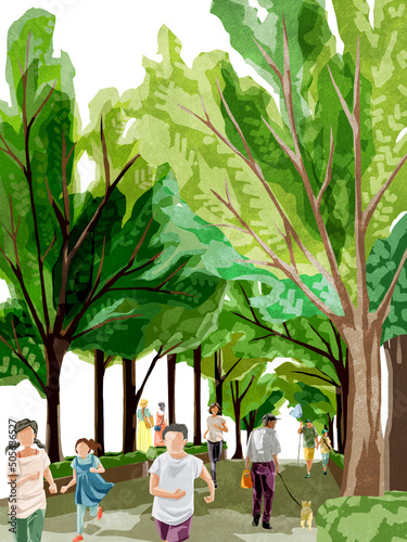 新緑の並木道を歩く人々の手描き水彩風イラスト