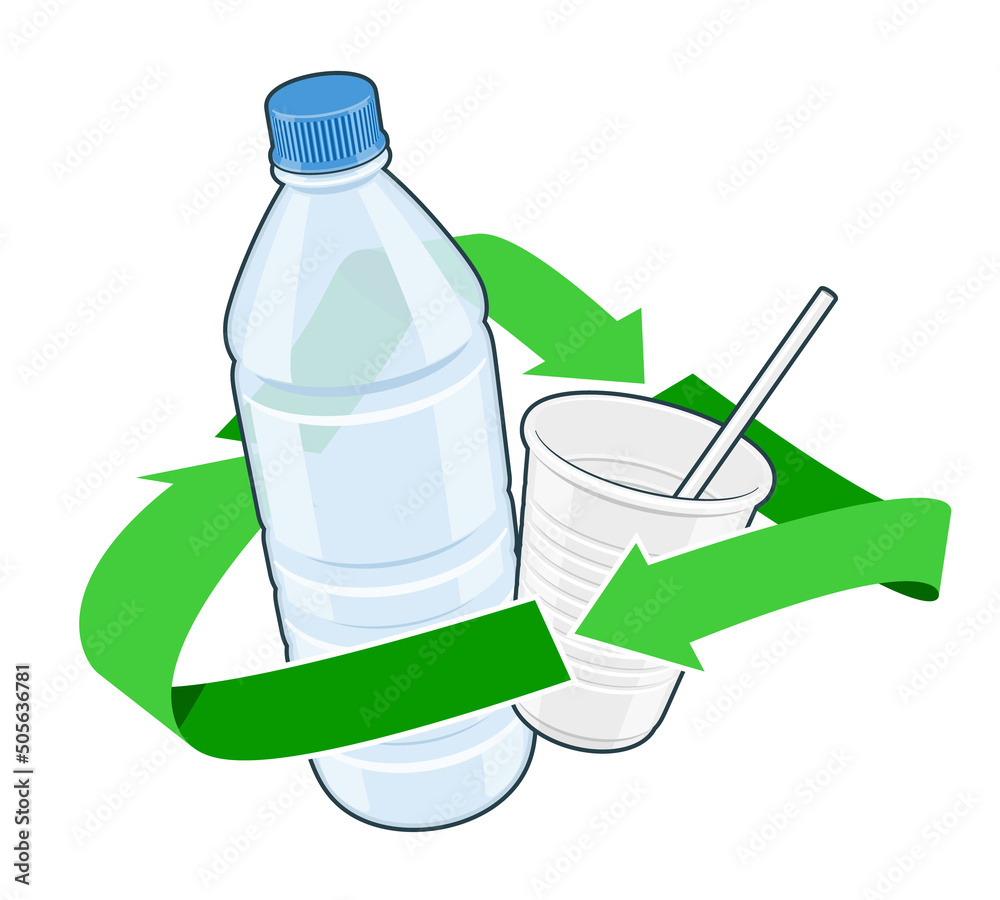 Green recycling symbol with plastic bottle and cup with straw inside