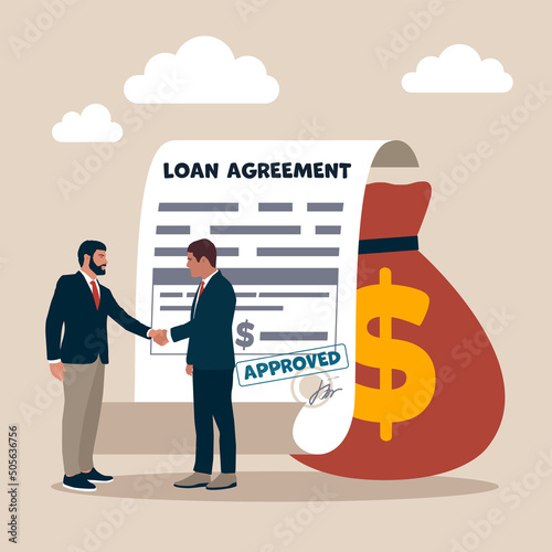 Businessman shaking hand with loan agreement and money bag. Loan agreement borrow money from bank, mortgage, debt or obligation to pay back interest rate, personal loan or financial support concept. photo