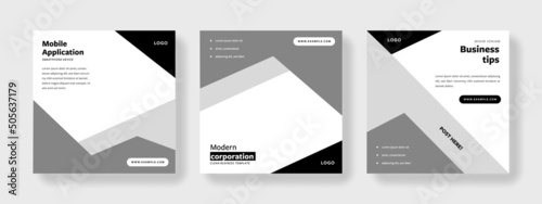 Business social media post templates with grey colour mix, layered diagonal design elements, corporate graphics for instagram and facebook, minimalistic and organised graphic