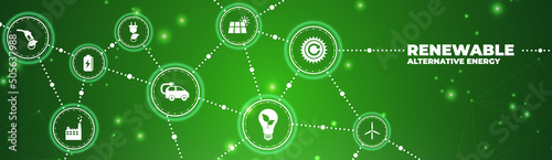renewable energy icon banner: alternative  ecological electricity sources – vector illustration