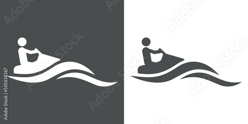 Beach holidays. Logo jet ski. Oceáno con olas y silueta de hombre en moto de agua en fondo gris y fondo blanco