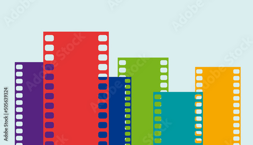 The city of cinema. Cinematic film that forms a neighborhood with buildings. Multiplex. Vector filmstrip, pattern and illustration
