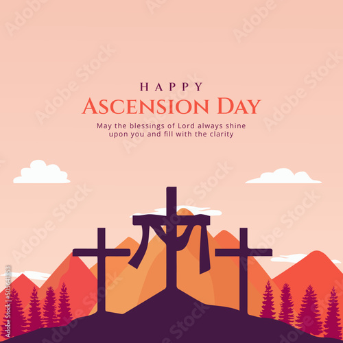 Happy Ascension Day with Cross, Trees, Mountains Vector Illustration. Selamat Hari Kenaikan Isa Almasih