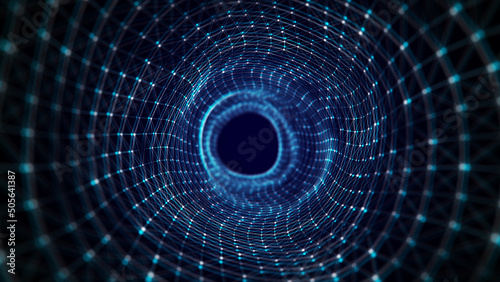 Abstract dynamic wireframe tunnel on blue background. Deep wavy wormhole. Futuristic particle flow. 3d rendering.