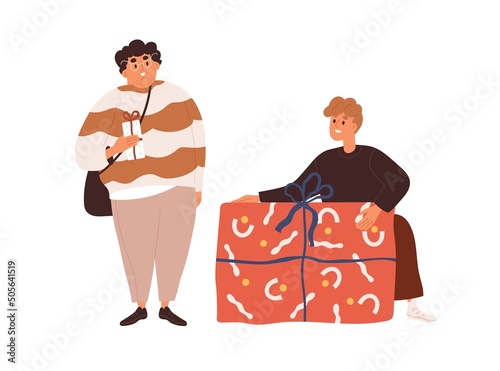 Boys friends exchanging gift boxes. Happy children giving, receiving presents...