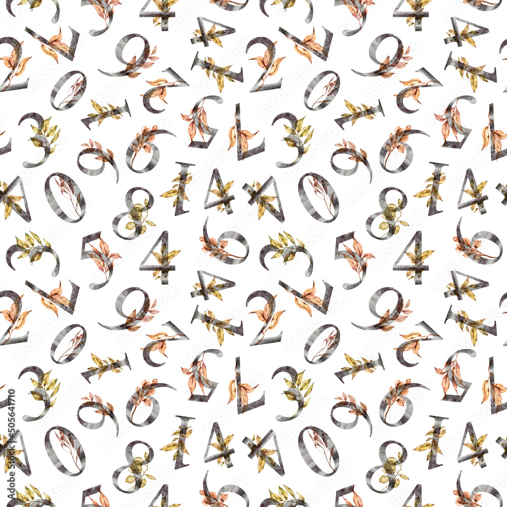 Obraz premium Watercolor fall floral numbers seamless pattern for fabric, print, textile design, scrapbook paper, wrapping paper, wallpaper