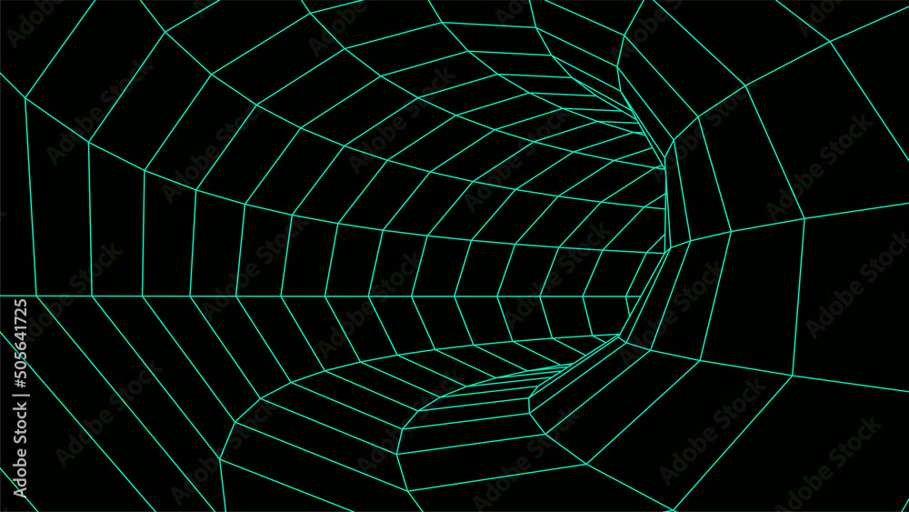Naklejka premium Wireframe abstract tunnel. 3D tunnel grid. Futuristic 3d portal. Network cyber technology. Vector illustration.