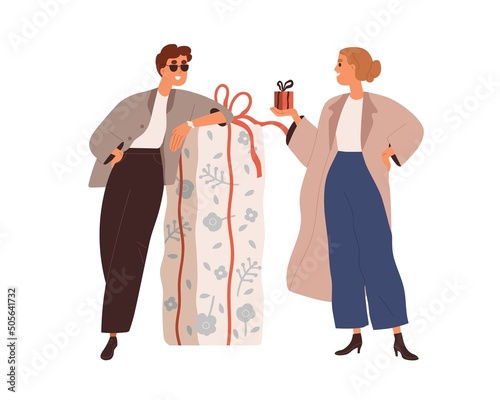 Love couple exchanging gifts. Woman presenting small box, happy man giving big huge giftbox, surprise for anniversary, holiday. Flat graphic vector illustration isolated on white background